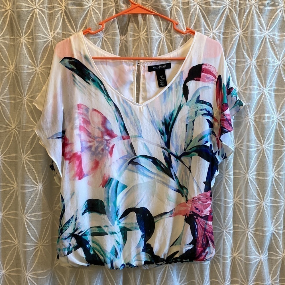 White Floral V-Neck Blouse with Pink & Teal Print - White House Black Market